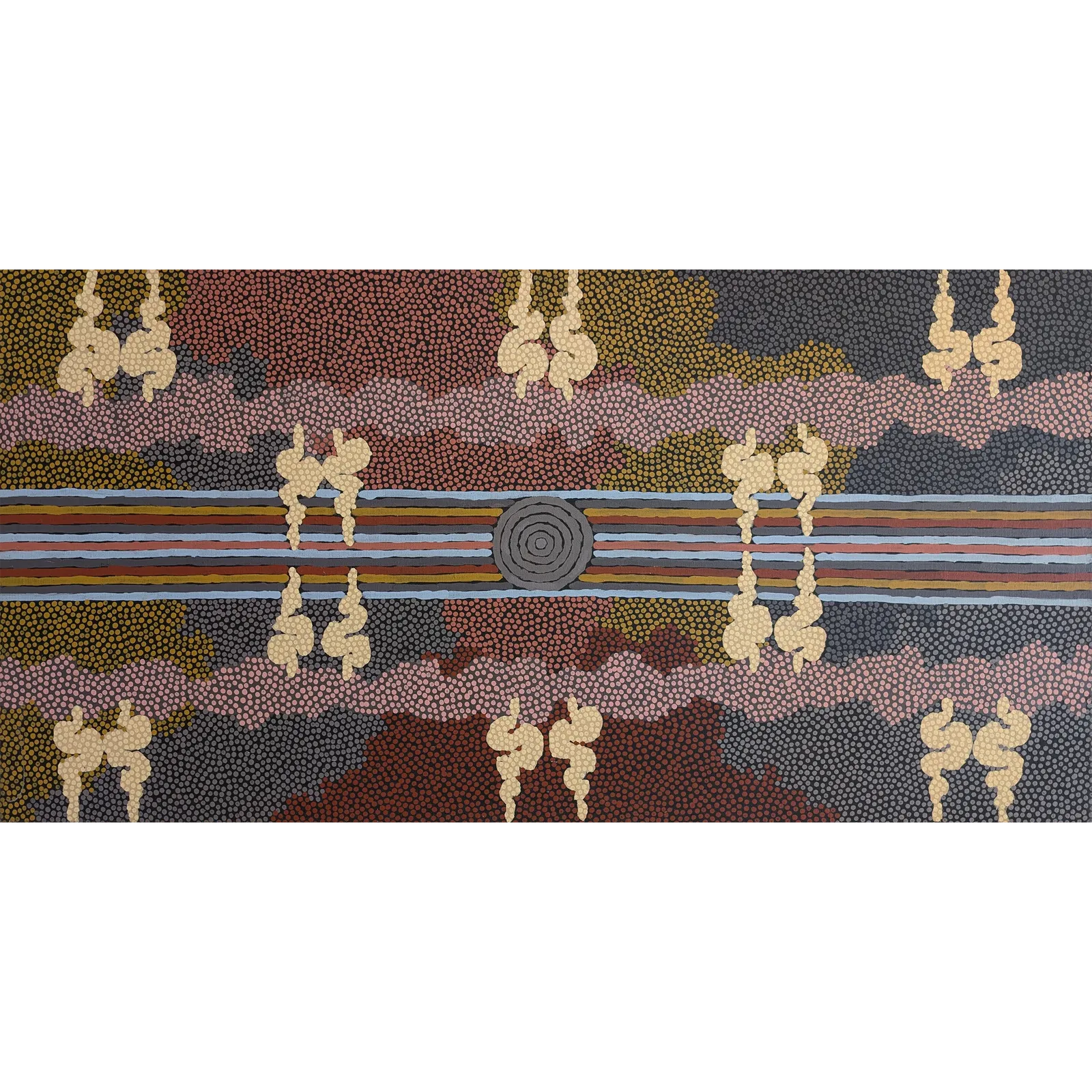 Clifford Possum Tjapaltjarri, Corkwood Dreaming, 1996, synthetic polymer paint on Belgian linen, 147.5 x 75.5 cm