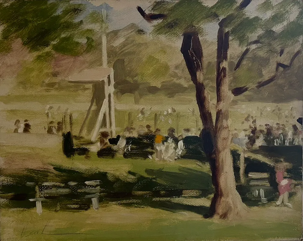Bill Hayward Veal, Afternoon in the Park, oil on board, 28.5cm x 36.5 cm
