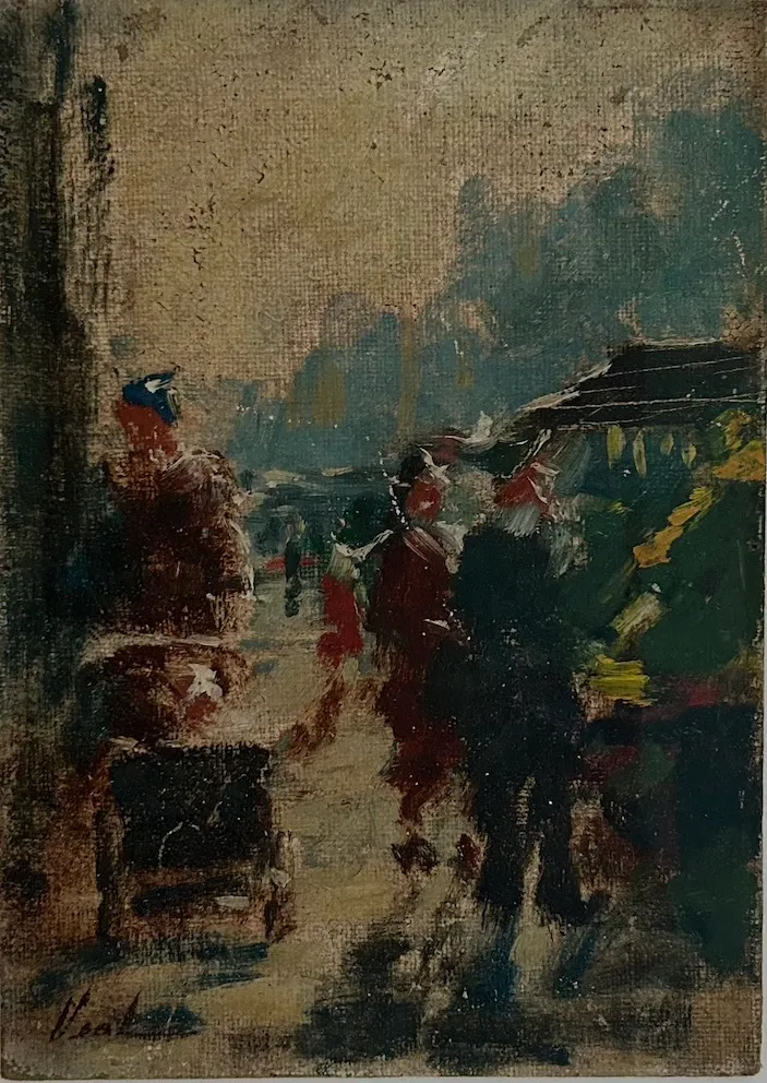 Bill Hayward Veal, European market Scene, c.1960s, oil on board, 36cm x 24cm