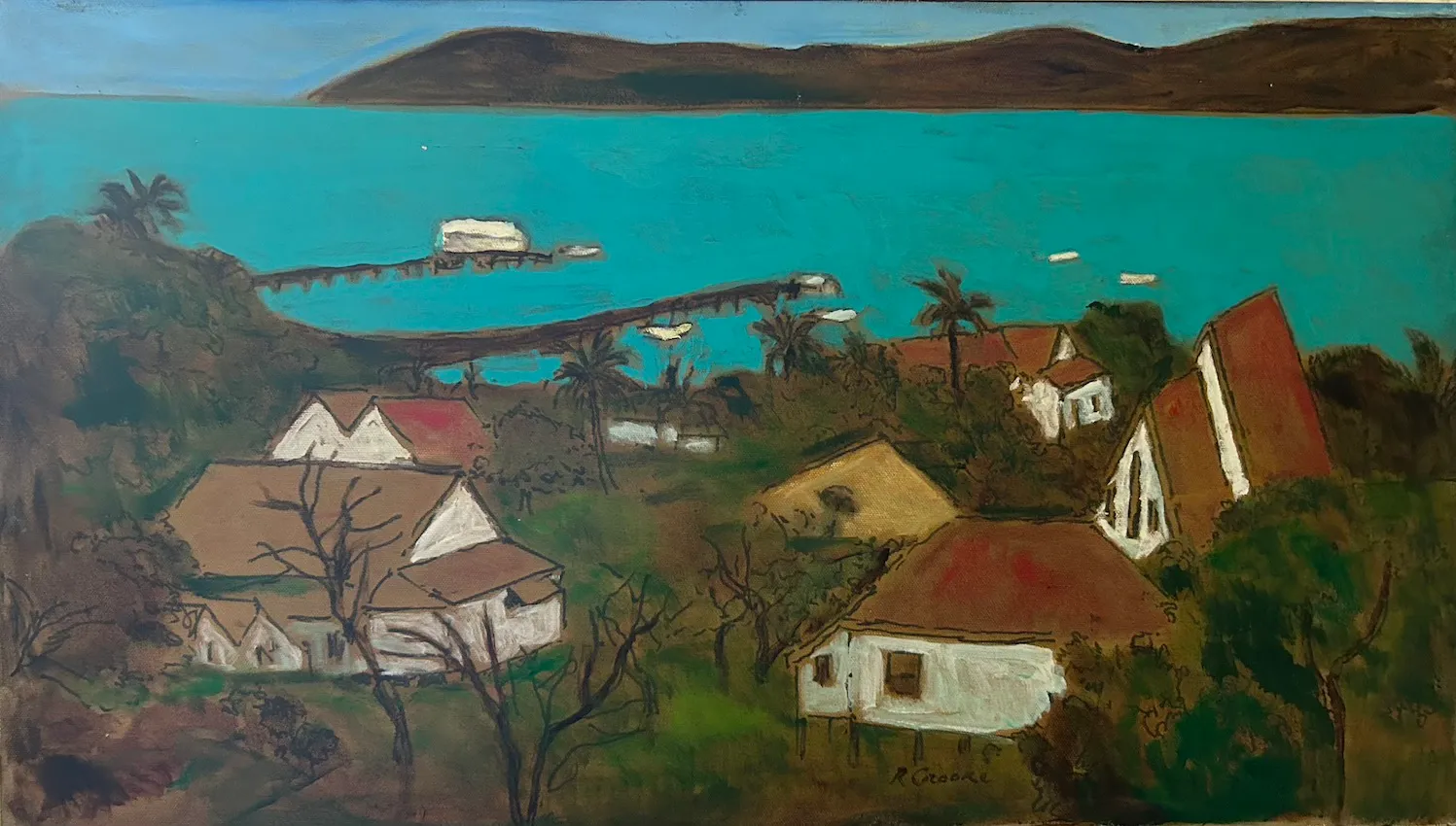 Ray Crooke, Old TI (Thursday Island), synthetic polymer paint on canvas, 36cm x 62cm