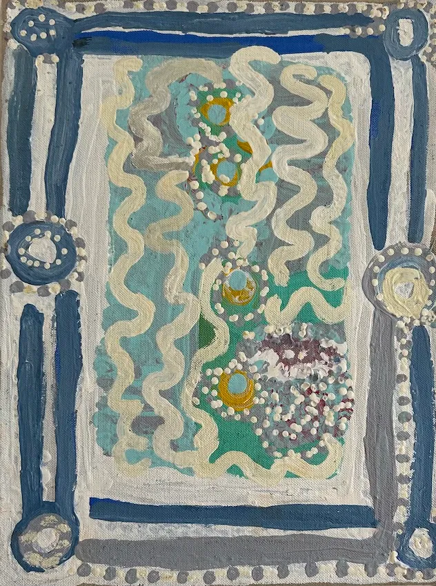 Lily Nungarayi Hargraves, Snakes Dreaming, 1993, synthetic polymer paint on canvas, 40cm x 30 cm
