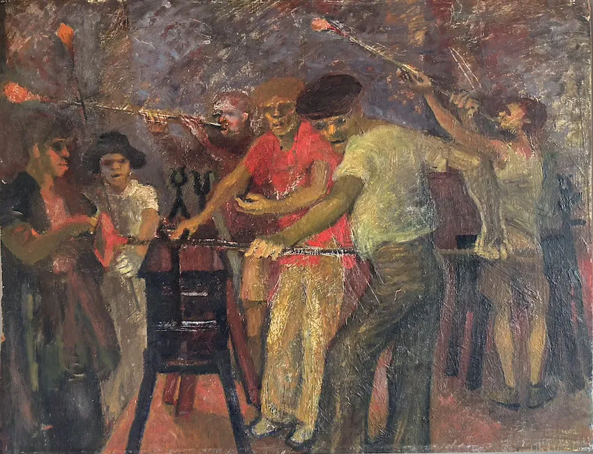 Johnny Bell, The Glass Blowers, c.1965, oil on canvas, 51 x 66 cm