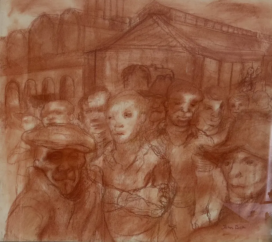 Johnny Bell, Stevedors on the Docks, pastel on paper, 56 x 61 cm