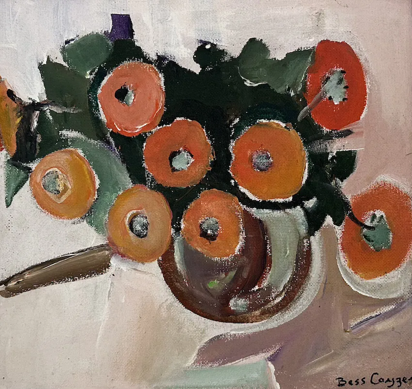 Bess Cayzer, Flowers, 1998, synthetic polymer paint on canvas, 40 x 42 cm