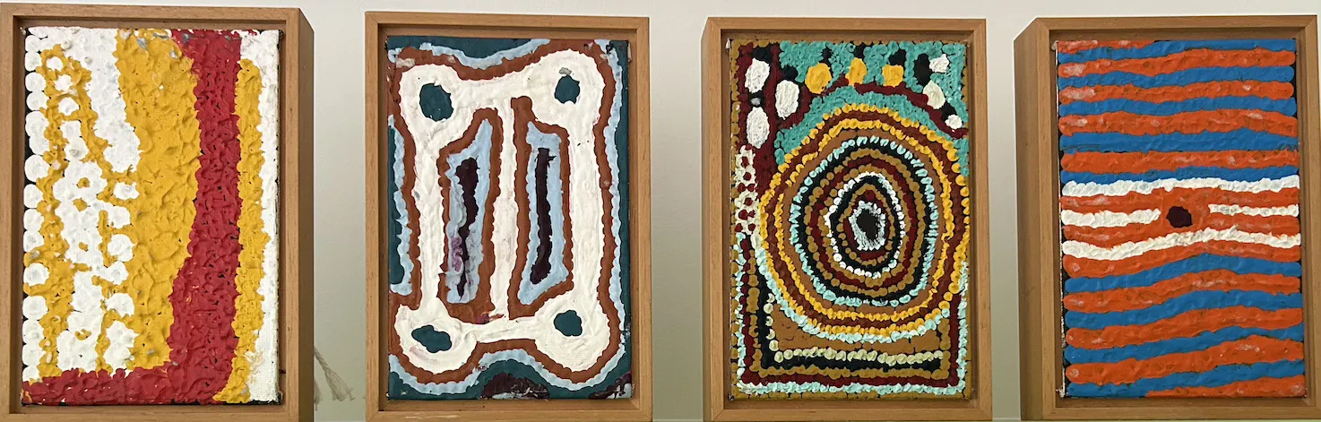 Artists from Balgo Hills, Set of four paintings by artists from Balgo Hills (Lucy Yukenbarri, Ningie Nangala, Mati  Mudjidel & Helicopter Tjunurrayi), 2000, synthetic polymer paint on canvas, 4 works each 15 x 10 cm