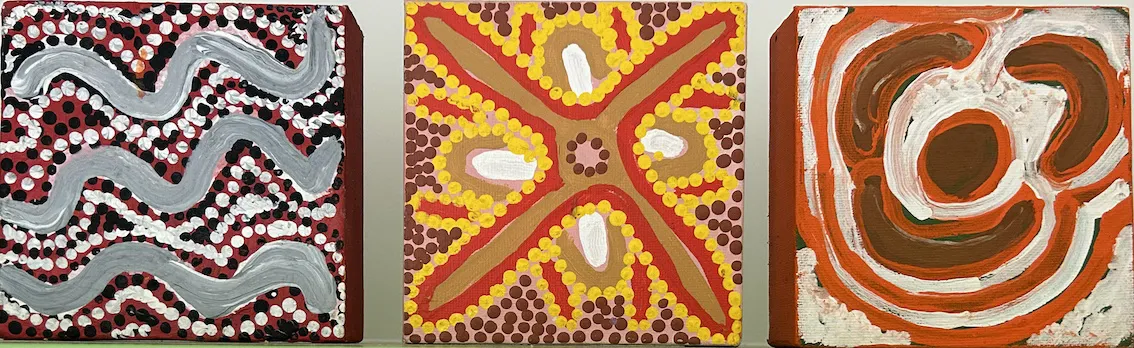 Artists from Lajamanu, Triptych of paintings by Lajamanu artists (Lucy, Molly & Rosie Tasman), 2001, synthetic polymer paint on canvas, Three paintings each 12.5 x 12.5 cm