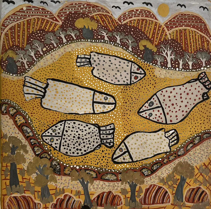 Betty Bundamurra, River 'Chindi' near Kalumbarra, 2008, synthetic polymer paint on canvas, 25 x 25 cm