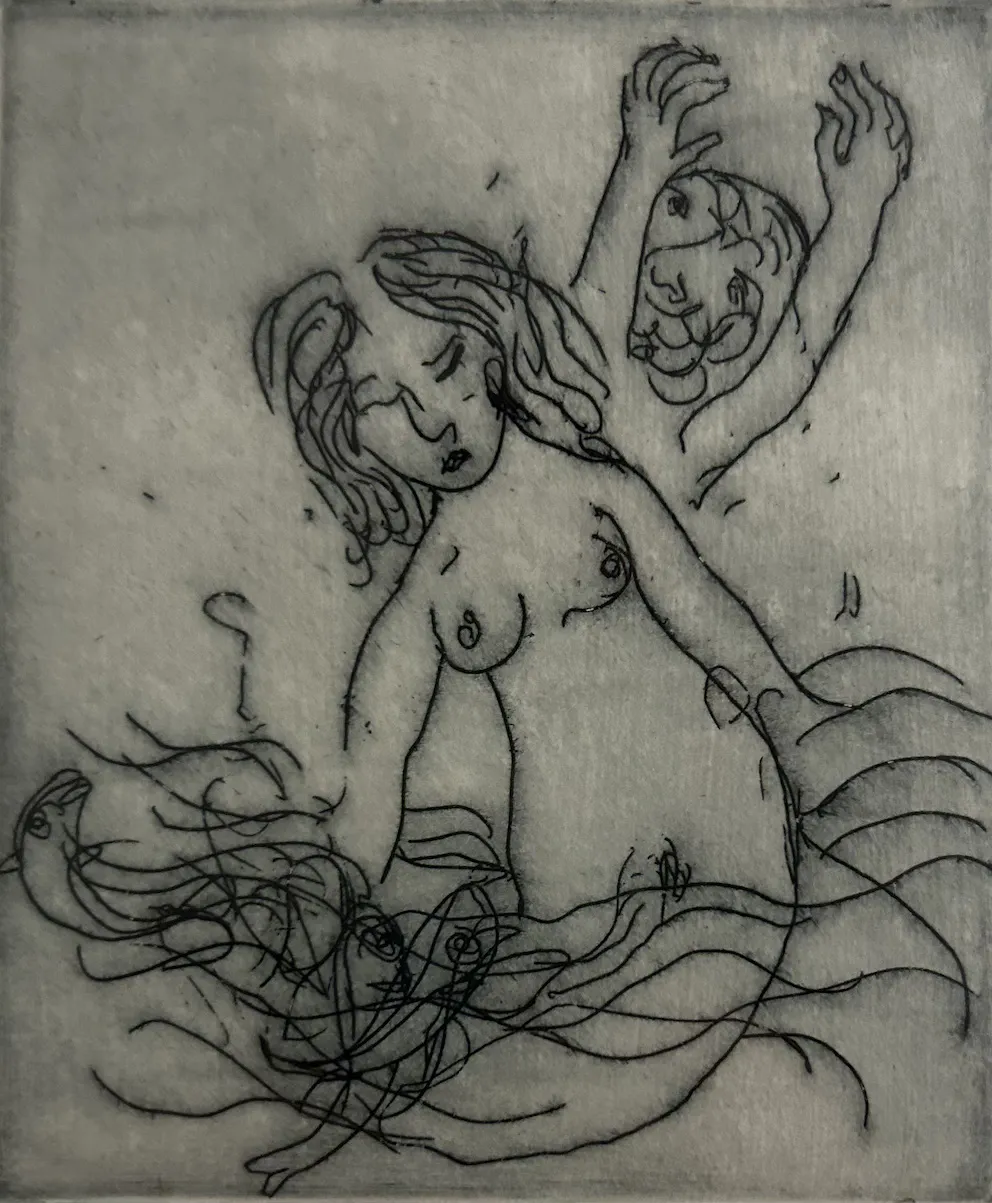 Gary Shead, Naiad, etching on paper, 14 x 12 cm image, 38 x 27 cm paper