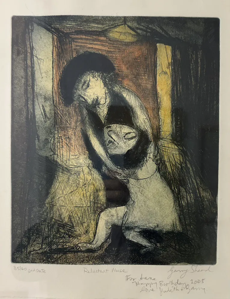 Gary Shead, Reluctant Muse, etching on paper, 29 x 24 cm image, 36 x 30 cm paper