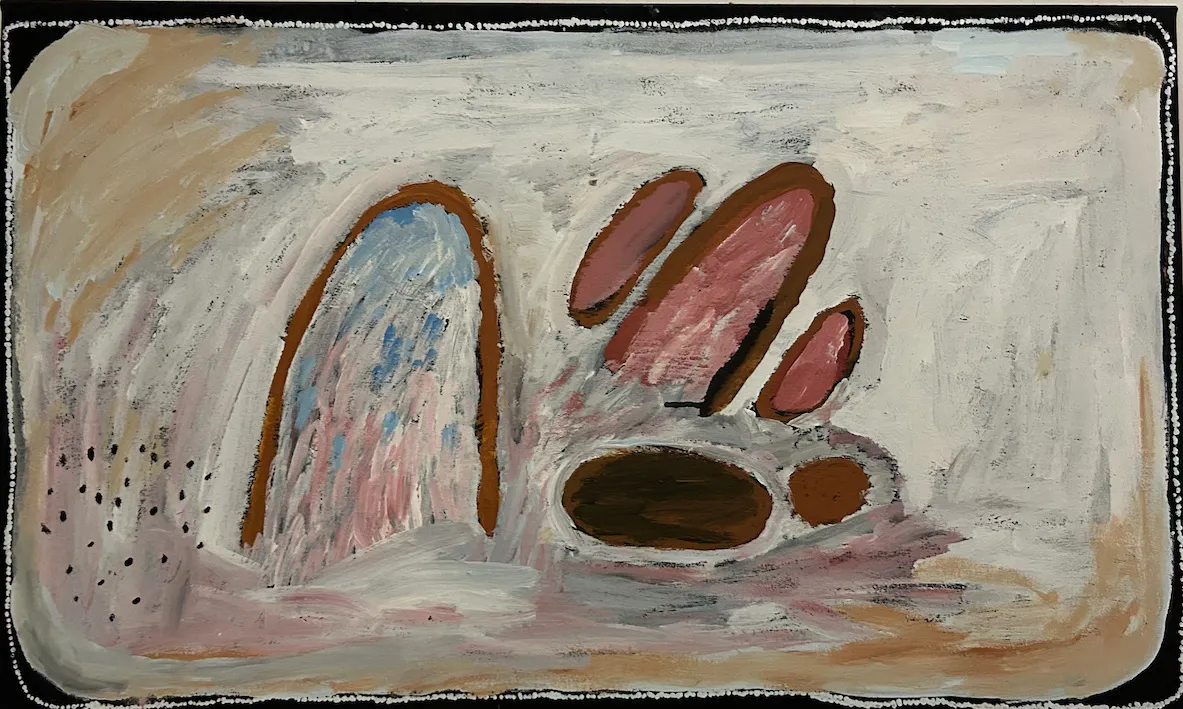 Kitty Napanangka Simon, Synthetic polymer paint on Belgian linen, synthetic polymer paint on canvas, 50.5 x 84 cm