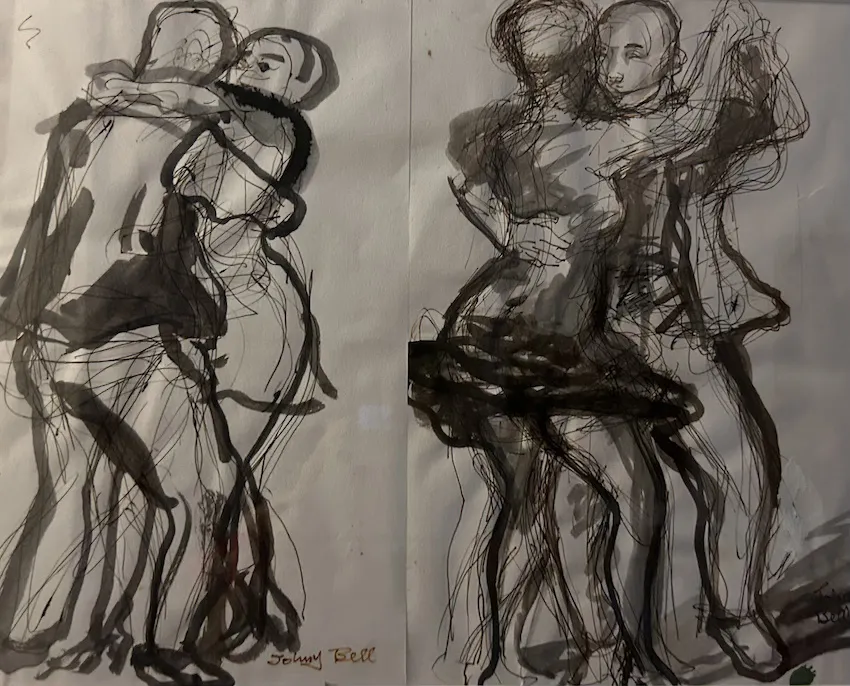 Johnny Bell, Dancers - Two studies, watercolour and ink on paper, 37 x 29 cm