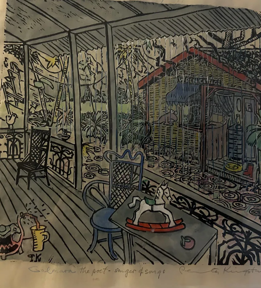 Peter Kingston, Galmara the Poet - Singer of Songs, 2018, hand-coloured linocut print on paper, 32x 34