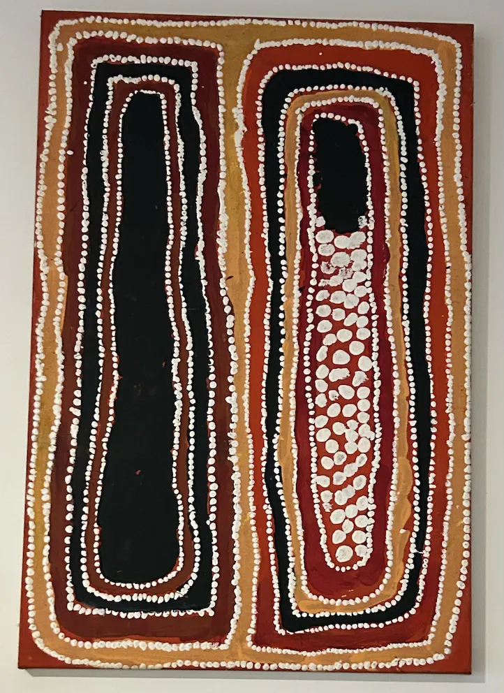 Johnny Mosquito Tjapangarti, Manwu & Punti Claypan, 1997, synthetic polymer paint on canvas, 50 x 75 cm