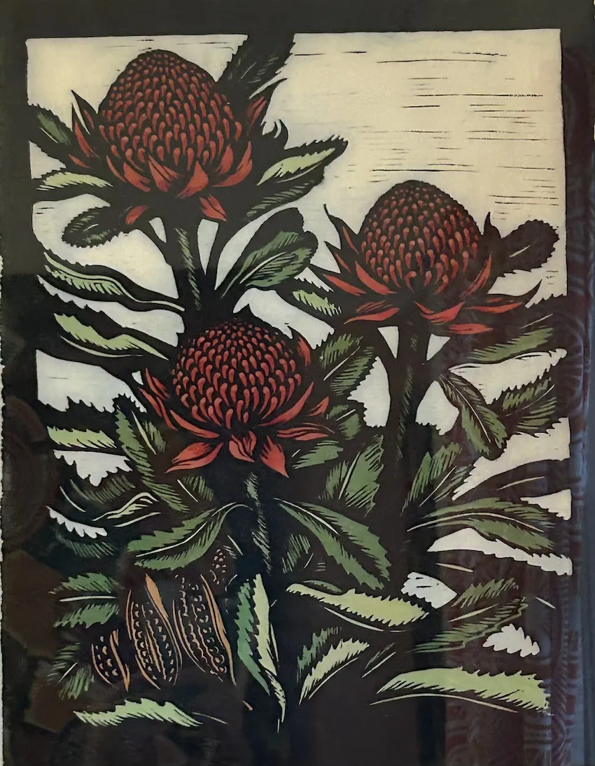 Bruce Goold, Waratahs, 1983, linocut print on paper, 40 x 54 cm