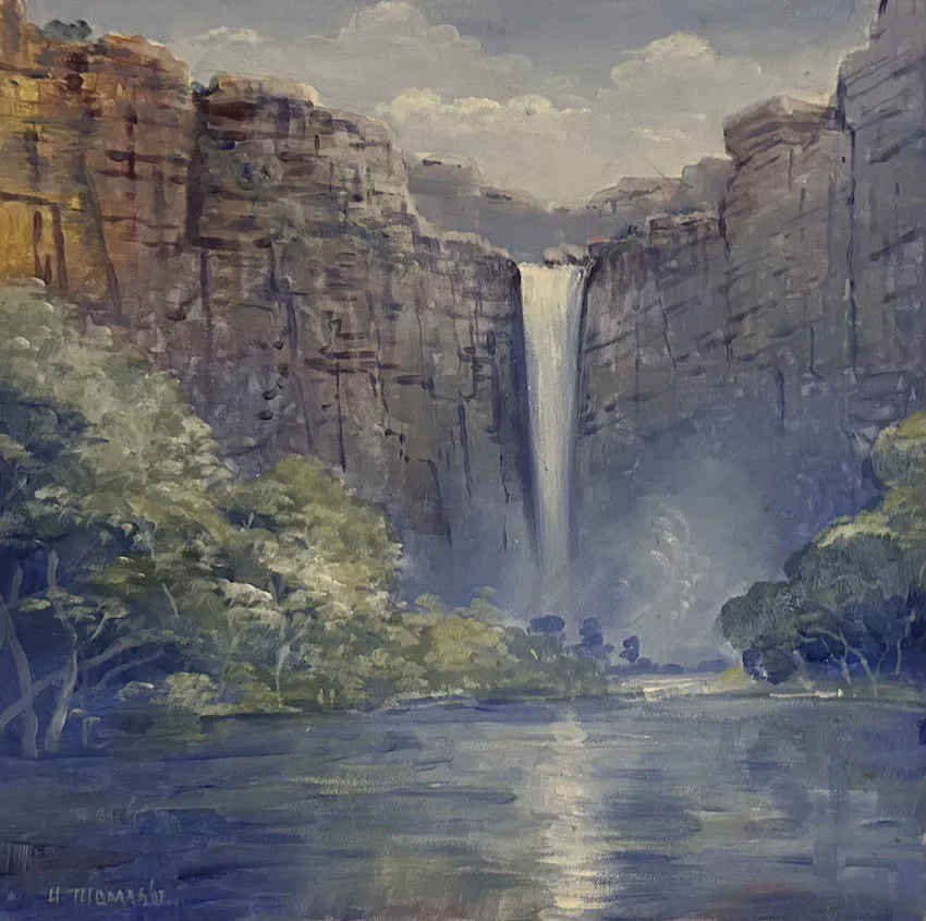 Harold Thomas, Waterfall, Kakadu, 2007, synthetic polymer paint on canvas, 46 x 46 cm