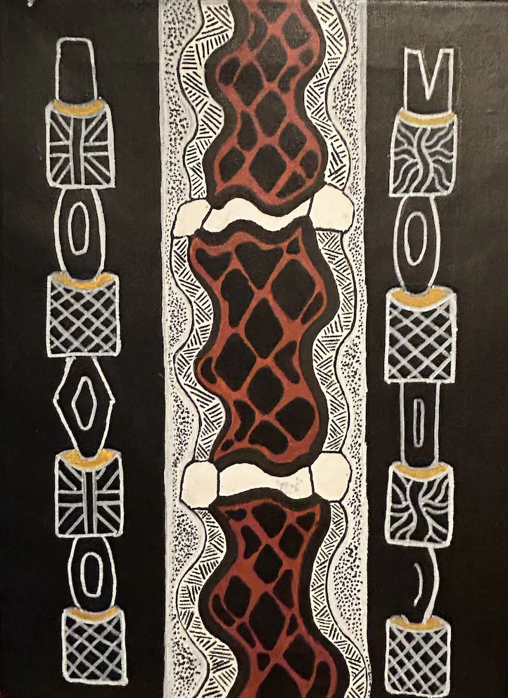 Lincoln Pupangumerri, Pukumani Pole Design, 2023, natural earth pigments on canvas, 30 x 41 cm