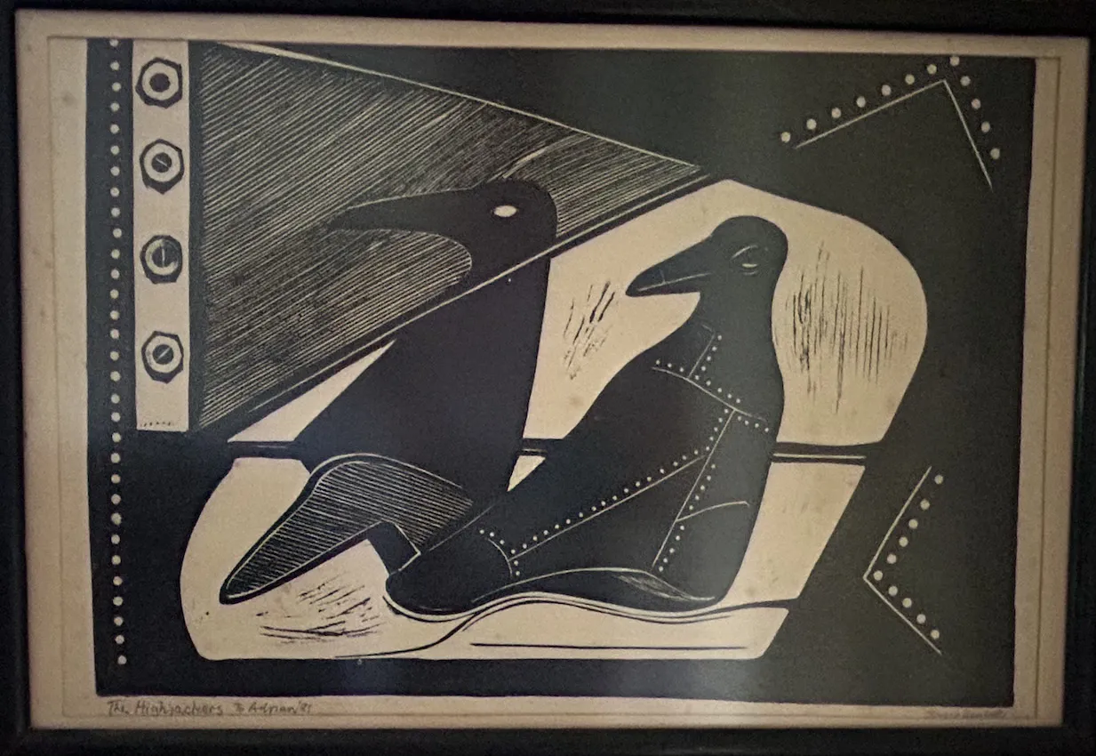 Bruce Goold, The Highjackers, 1981, linocut print on paper, 80 x 30 cm