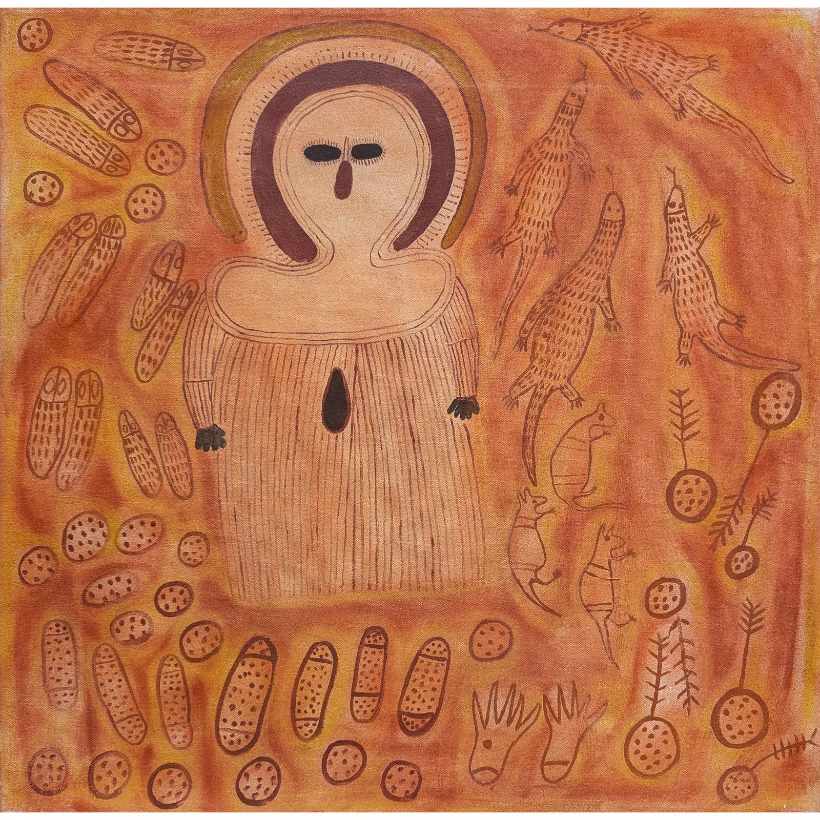Clairrie Djanghara, Wandjina with the Bush Tucker, 2022, natural earth pigments on canvas, 60 x 60 cm