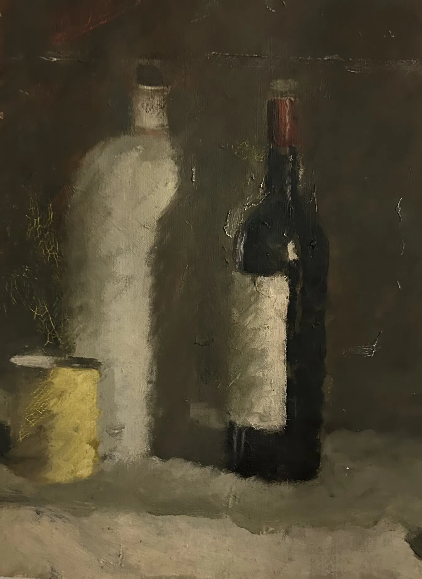 Harold  Newstead, Still life - bottles, oil on canvas, 35 x 46 cm