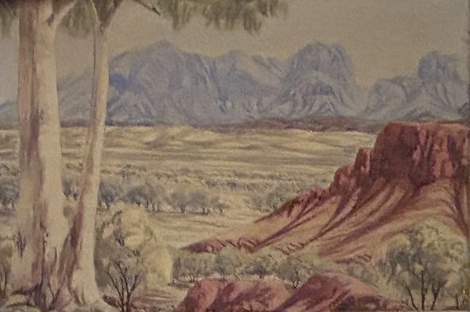 Oscar Namatjira, Landscape, c.1960, watercolour on paper, 35 x 25 cm
