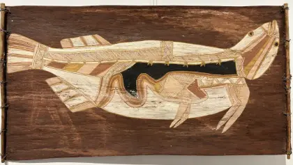 Lofty Nabarrdayal Nadjamerrek, Barramundi, c. 1970, natural earth pigments on bark, 40 x 90 cm