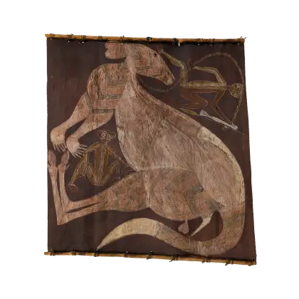 Guymala Namarredje, Mimih and Pet Kangaroo, c. 1970, natural earth pigments on stringybark, 100 x 110cm