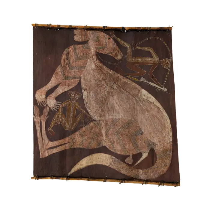 Guymala Namarredje, Mimih and Pet Kangaroo, c. 1970, natural earth pigments on stringybark, 100 x 110cm