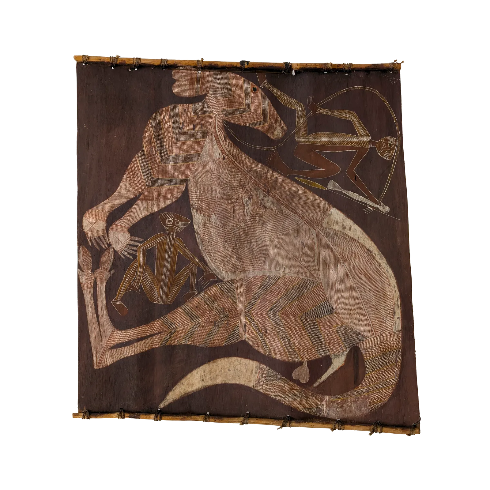 Guymala Namarredje, Mimih and Pet Kangaroo, c. 1970, natural earth pigments on stringybark, 100 x 110cm