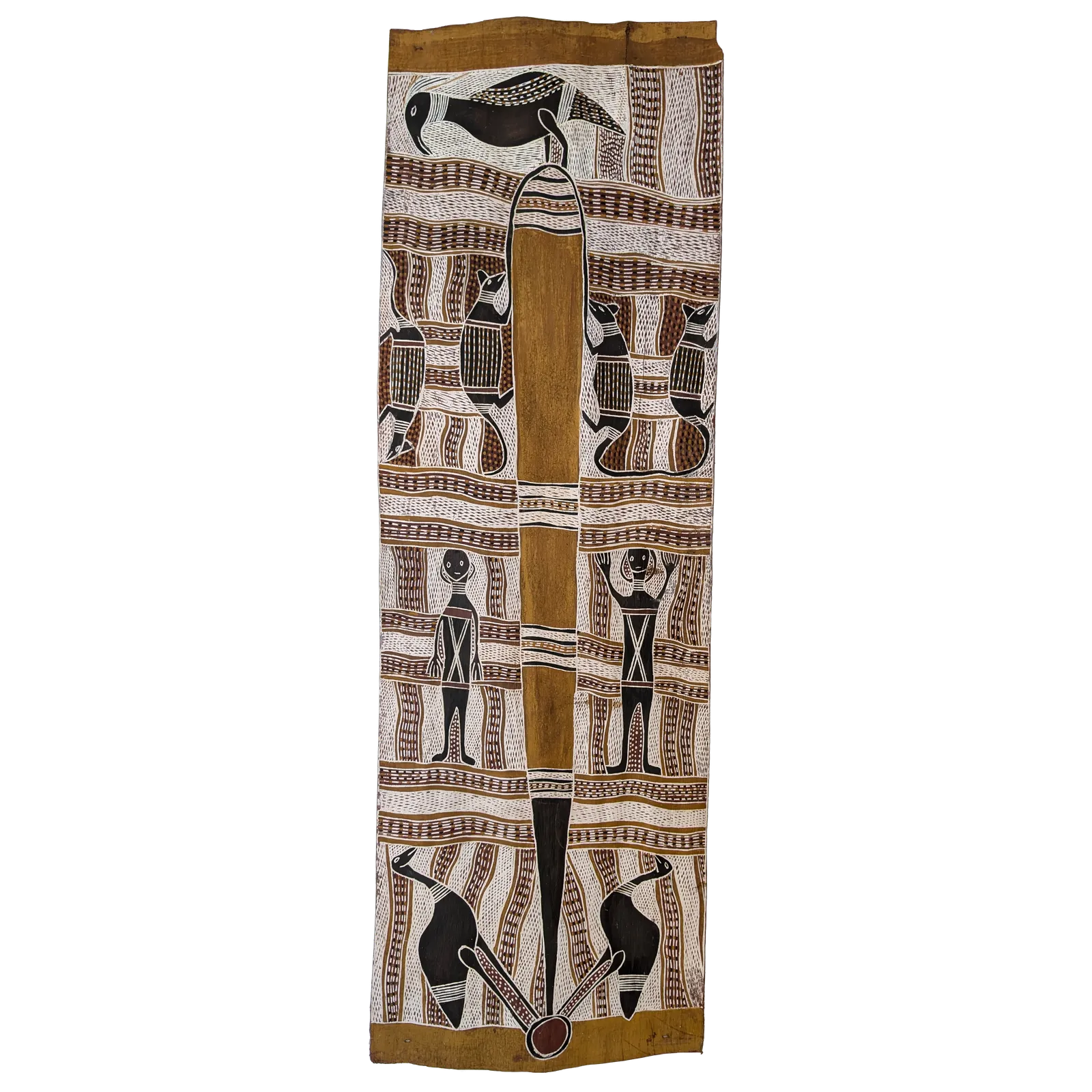 Narritjin Maymuru, Guwak and Possums, 1979, natural earth pigments on stringybark, 136 x 44 cm