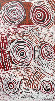 Bill Whiskey Tjapaltjarri, Rock Holes Near the Olgas, synthetic polymer paint on canvas board, 51 x 40.5 cm