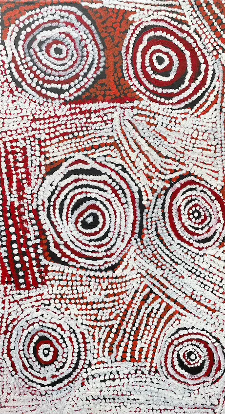 Bill Whiskey Tjapaltjarri, Rock Holes Near the Olgas, synthetic polymer paint on canvas board, 51 x 40.5 cm
