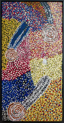 Bill Whiskey Tjapaltjarri, Rock holes and country near the Olga's, 2007, synthetic polymer paint on canvas, 91 x 46 cm