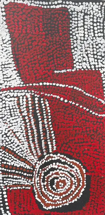 Bill Whiskey Tjapaltjarri, Untitled, synthetic polymer paint on canvas board, 25.4 x 50.8 cm