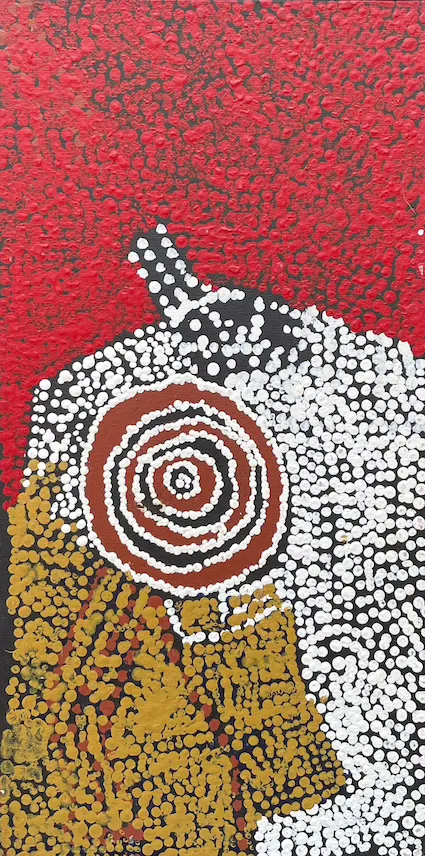 Bill Whiskey Tjapaltjarri, Untitled, synthetic polymer paint on canvas board, 25.4 x 50.8 cm