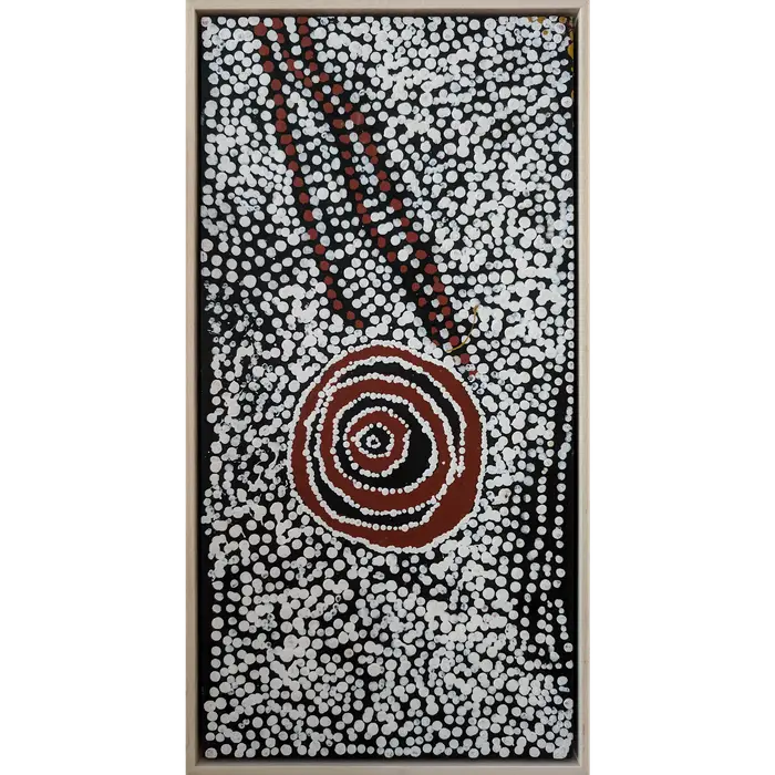 Bill Whiskey Tjapaltjarri, Untitled, synthetic polymer paint on canvas board, 25.4 x 50.8 cm