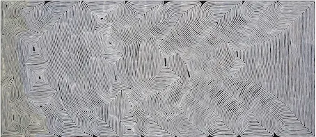 Ronnie Tjampitjinpa, Water Story, 2000, synthetic polymer paint on Belgian linen, 181 x 412.5 cm