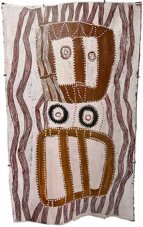 Ṉoŋgirrŋa  Marawili, Baratjala, 2018, natural earth pigments on bark, 132 x 80 cm