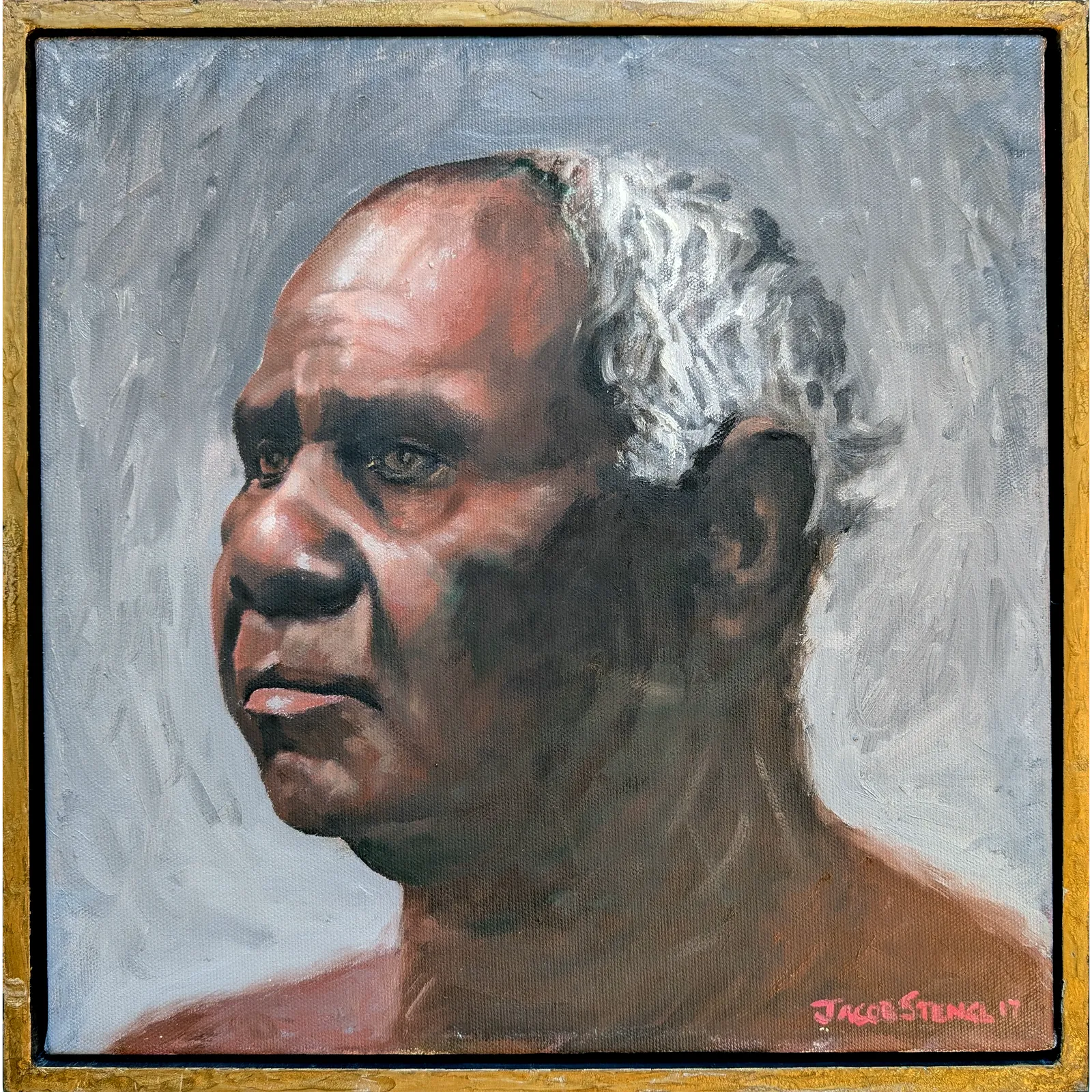 Jacob Karumapuli Stengle, Milerum, The last initiated man of the Ngarrindjeri tribe, c.2017, oil on canvas, 32.5 x 32.5 cm