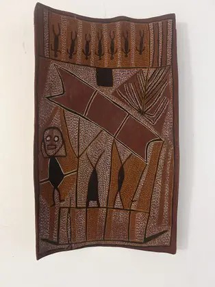Artist Once Known, Makassan Prau, c.1965, natural earth pigments on bark, 73 x 41 cm
