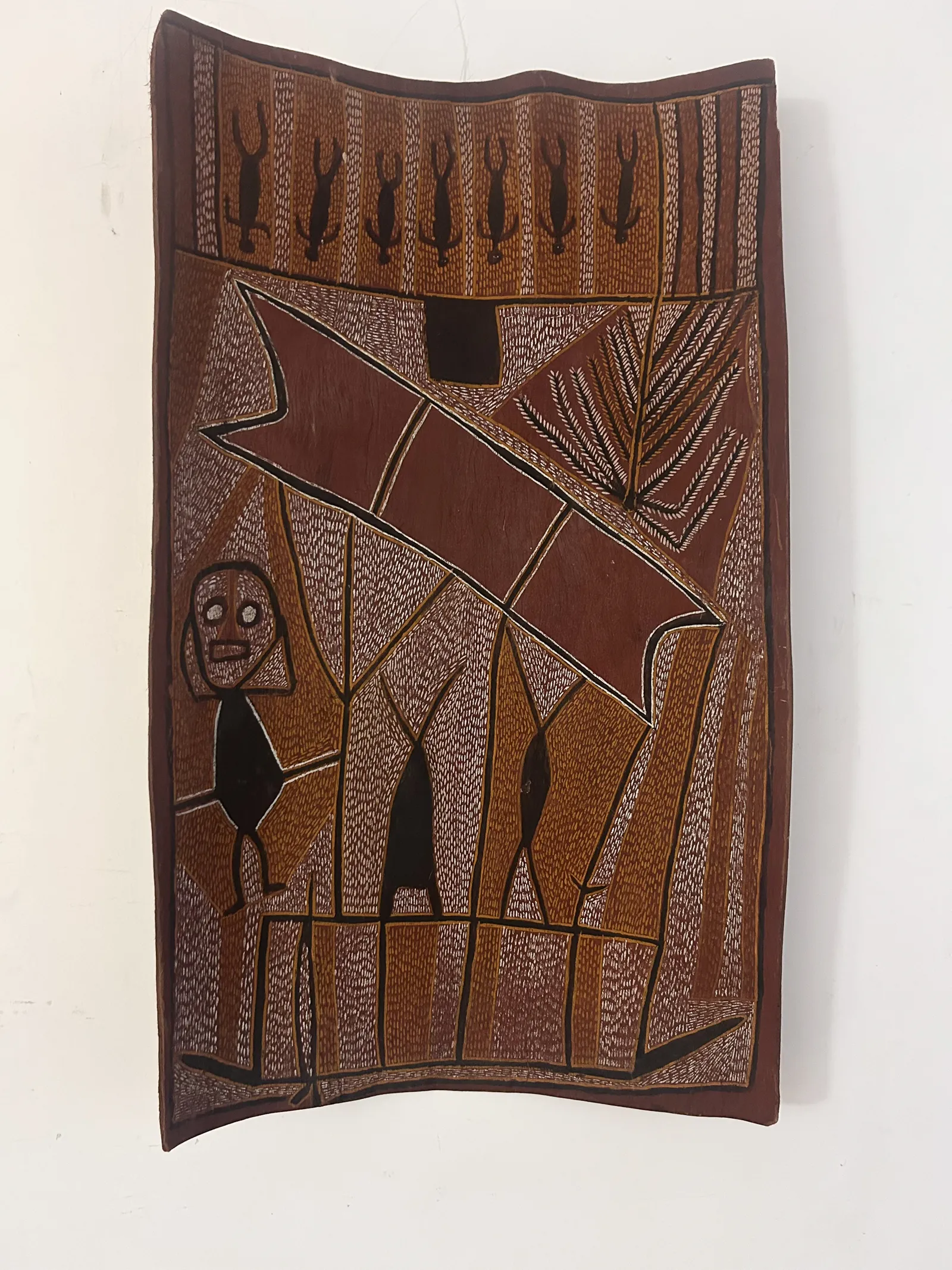 Artist Once Known, Makassan Prau, c.1965, natural earth pigments on bark, 73 x 41 cm