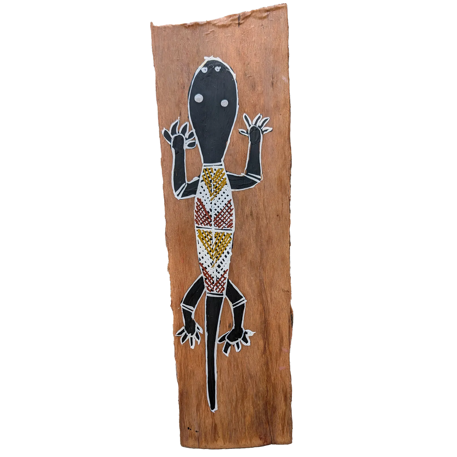 Maralrujurg, Gecko, 2022, natural earth pigments on bark, 40 x 12.5 cm