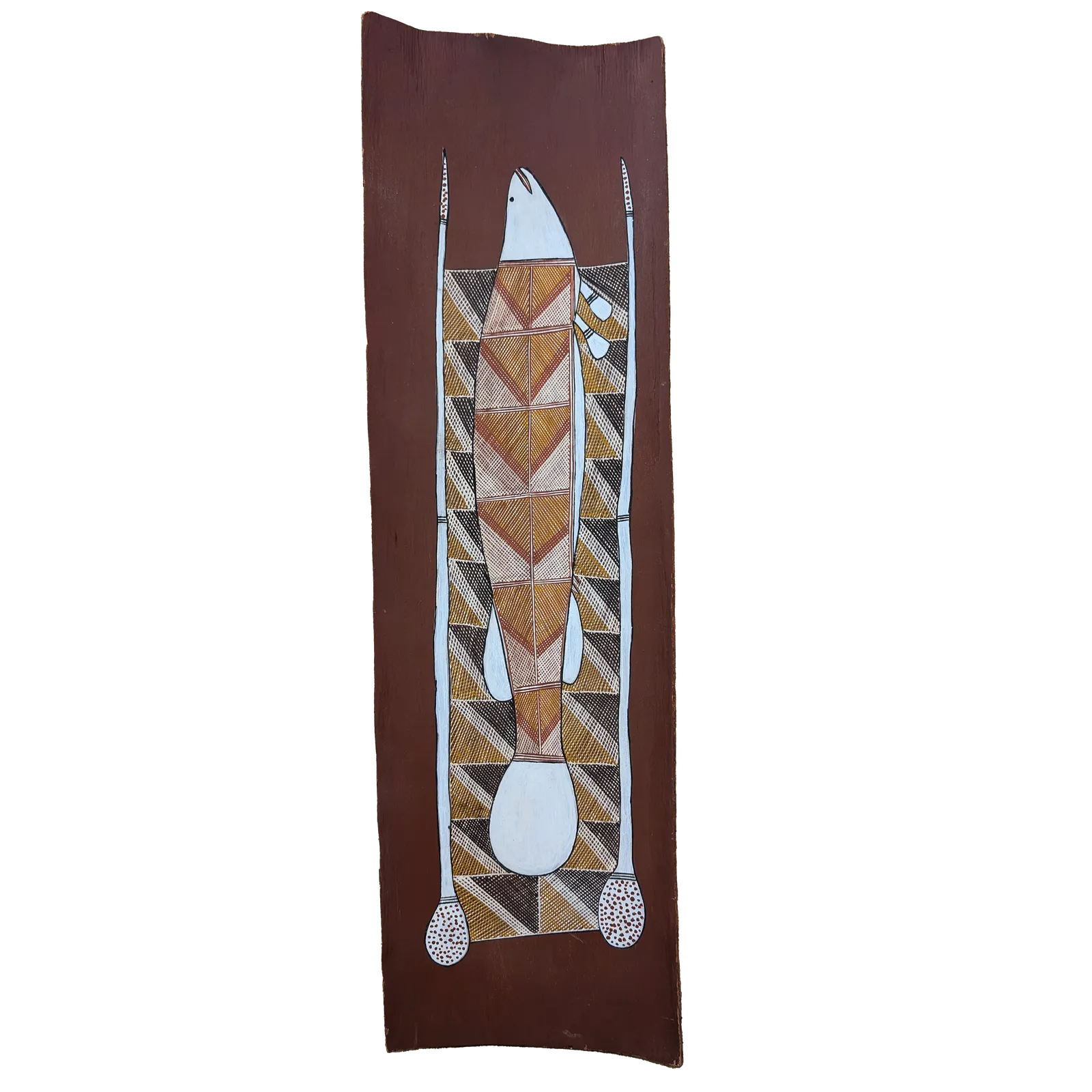 Dennis Naroldol, Birlmu Kebdjiribarrmeng, 2016, natural earth pigments on bark, 85 x 25 cm