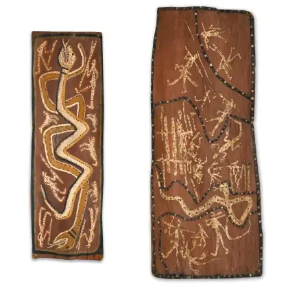Paddy Wainburranga Fordham, Waditj and Bolong, c.1980, natural earth pigments on bark, 73 x 30cm and 63 x 19.5 cm