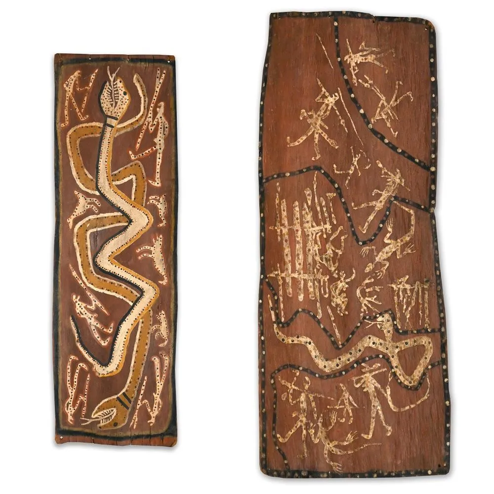 Paddy Wainburranga Fordham, Waditj and Bolong, c.1980, natural earth pigments on bark, 73 x 30cm and 63 x 19.5 cm