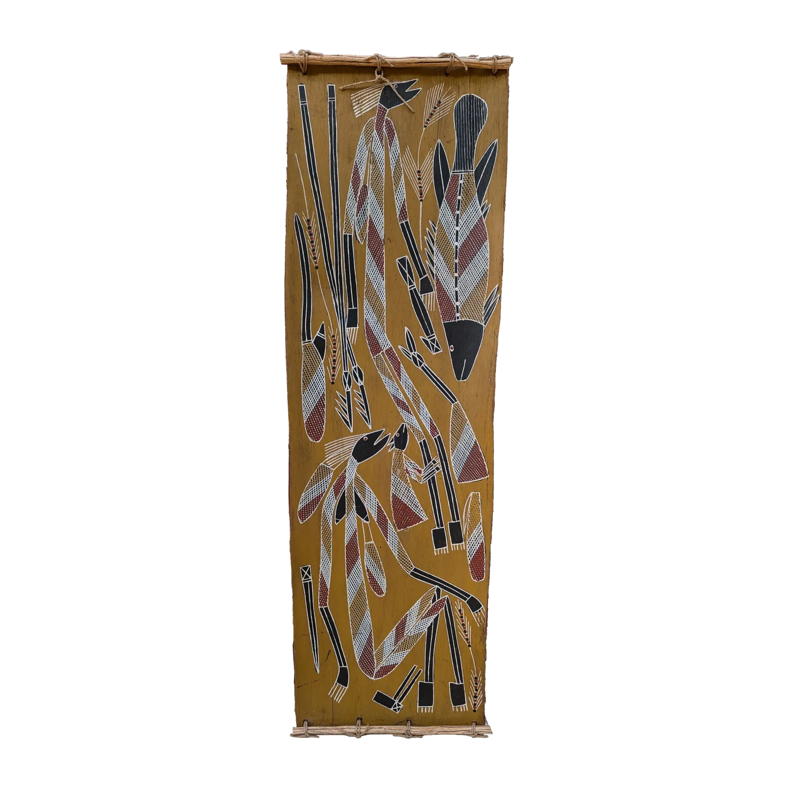 Priscilla Badari, Mimi hunting Kunj Kangaroo and Black Bream, 2022, natural earth pigments on bark, cm