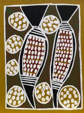 Dorothy Djukulul, Canoes, synthetic polymer paint on canvas board, 30.1 x 22.6 cm