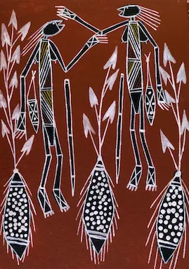 Geoffrey Nabegeyo, Mimih Spirit Hunting Karrbarda (Long Yam), natural earth pigments on Arches paper, 29.7 x 21 cm