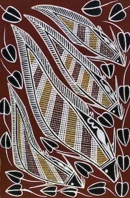 Jules Gulamuwu, Namarddaka (Nail Fish), natural earth pigments on Arches paper, 30.8 x 21 cm