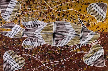 Alvester Kelly, Namarddakka (Nail Fish), natural earth pigments on Arches paper, 30.8 x 21 cm