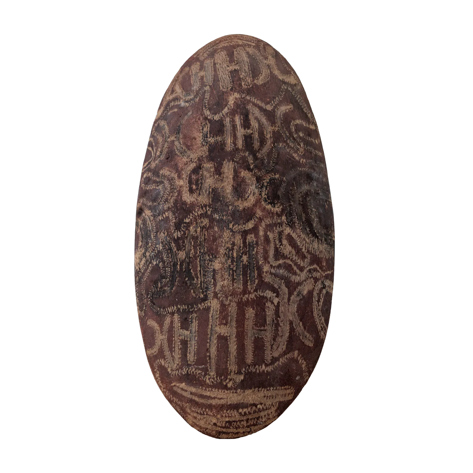 Artist Once Known, Shield engraved with designs, carved wood, 66 x 32 cm